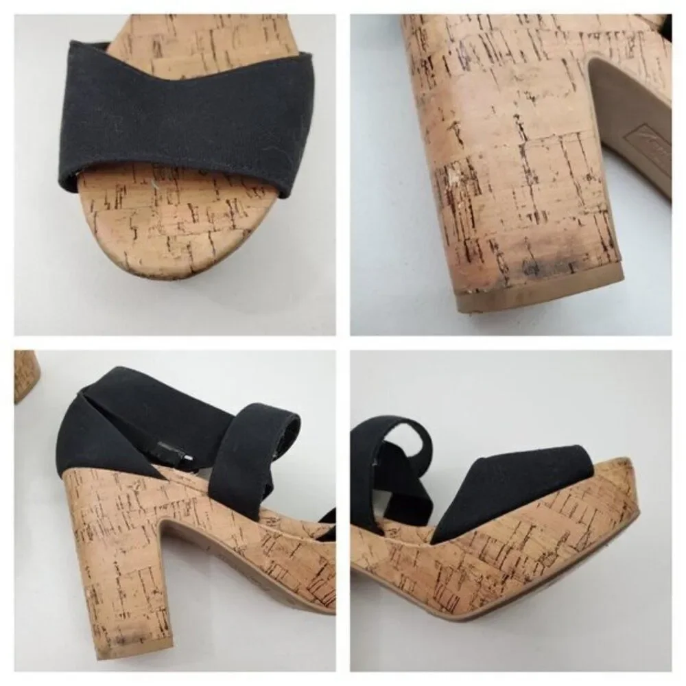 American Eagle Heels 10 Black Faux Cork Vegan Strappy Platform Tan Sandals